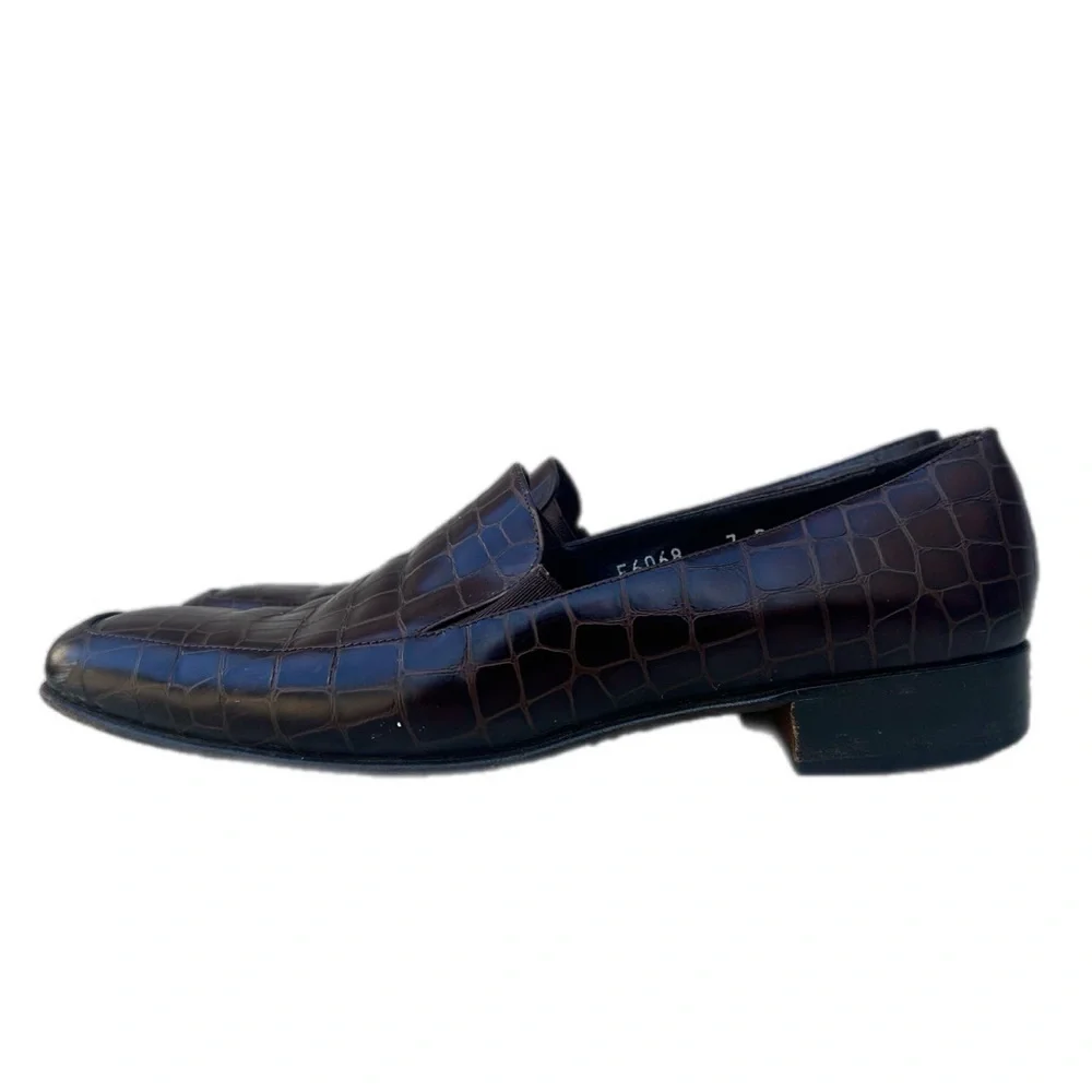 Vintage Cole Haan Croc-Embossed Leather Loafers – Brown Slip-On Dress Shoes, 7